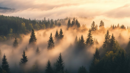 A captivating misty forest landscape at sunrise, showcasing towering trees enveloped in soft fog. The serene scene invites tranquility and reflection.の素材