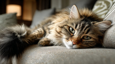 A beautiful domestic cat lounges on a soft sofa, displaying its fluffy fur and captivating eyes. This serene scene conveys comfort and tranquility in a cozy living space.の素材