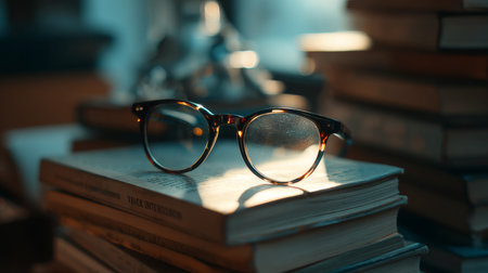 A pair of stylish eyeglasses resting on a stack of books captures the essence of knowledge and tranquility, illuminated by soft sunlight in a serene indoor setting.の素材
