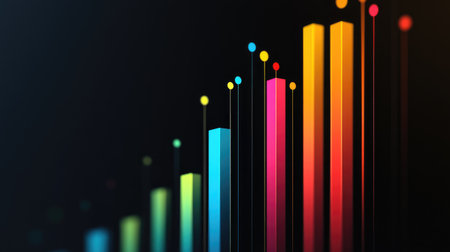 Vibrant and modern data visualization featuring colorful bars and dots, illustrating growth and performance metrics in a digital format. Perfect for business presentations.の素材