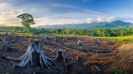 An expansive view of a deforested area with tree stumps set against a backdrop of mountains and a clear sky, highlighting environmental impact.の素材