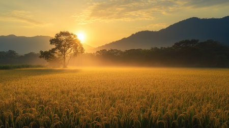 A tranquil scene of a golden rice field bathed in warm sunset light, with a lone tree against a backdrop of misty mountains, ideal for nature themes.の素材