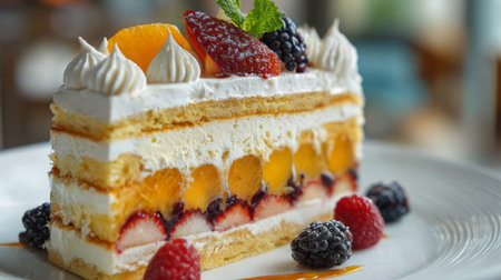 A captivating layer cake features fresh fruits and rich cream between fluffy layers, perfect for special occasions, gatherings, or as a delightful dessert treat.の素材