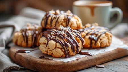 Warm and inviting scene featuring freshly baked cookies drizzled with rich chocolate, served with a comforting cup of coffee on a rustic wooden table.の素材