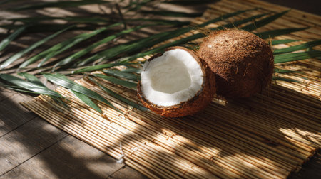 A fresh coconut halves on a bamboo mat with green palm leaves, capturing the essence of tropical lifestyle with natural light illuminating the scene.の素材