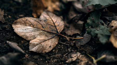 A stunning close-up of a brown leaf resting on rich soil, surrounded by organic material, captures the essence of autumn in natureの素材