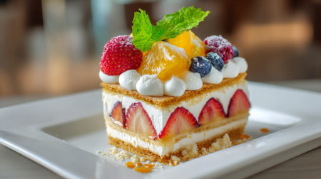 A mouth-watering layered sponge cake topped with a variety of fresh fruits, perfect for any celebration or dessert table, showcasing vibrant colors and flavors.の素材