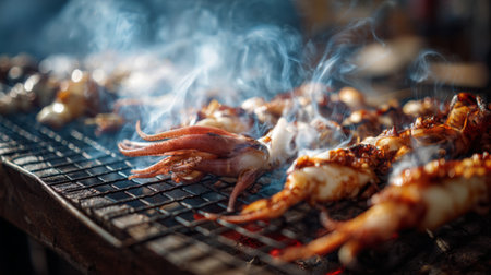 Experience the vibrant atmosphere of an Asian street food market with savory grilled squid on a charcoal grill, creating a smoky aroma and flavorful delight.の素材