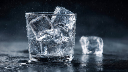 This close-up image features ice cubes in a glass with water droplets, highlighted against a dark background, creating a refreshing and cool atmosphere for drinks.の素材