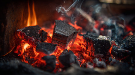 An intimate close-up view of glowing charcoal pieces, showcasing vibrant red embers and delicate wisps of smoke rising, capturing the essence of warmth and outdoor relaxation.の素材