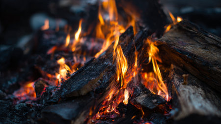 A mesmerizing view of flickering flames and glowing embers rising from charred logs, creating a warm atmosphere perfect for outdoor gatherings and relaxation.の素材