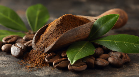 Experience the rich essence of freshly ground coffee powder in a rustic setting, highlighted by whole beans and vibrant green leaves, perfect for culinary projects.の素材