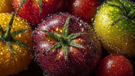 Arrange in close-up, these vibrant tomatoes showcase a spectrum of colors, glistening with moisture, highlighting their natural beauty and freshness.の素材