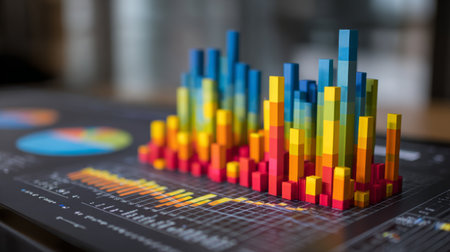 Vibrant 3D bar chart sits on a digital workspace, showcasing data analysis. The image represents growth, trends, and technology in modern business presentations.の素材