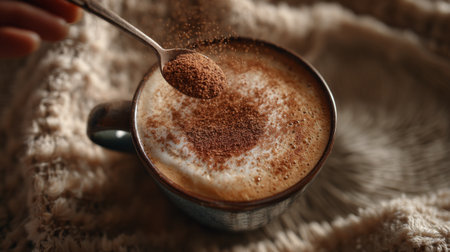 A cozy close-up of a coffee cup topped with whipped cream and a sprinkle of cinnamon, resting on a soft knitted blanket. Perfect for morning rituals.の素材