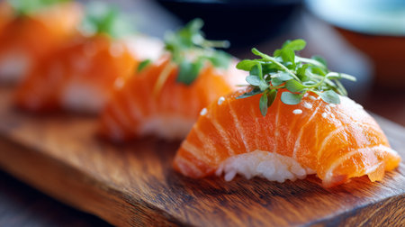 Close-up of beautifully arranged salmon sushi on a wooden platter, garnished with fresh microgreens, showcasing vibrant colors and inviting textures in Japanese cuisine.の素材