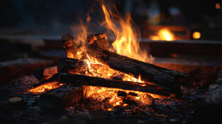 A captivating campfire scene featuring bright flames dancing around charred logs, creating a warm glow in a serene nighttime outdoor setting, perfect for gatherings.の素材