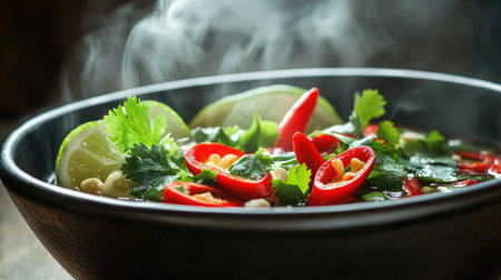 A vibrant bowl of fresh soup featuring sliced chili, lime, and cilantro, exuding steam and rich flavors. Perfect for a comforting meal.の素材