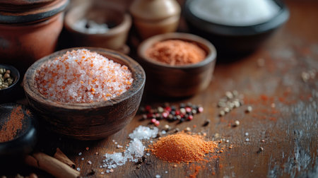 A beautifully arranged collection of spices and salts in rustic bowls showcasing vibrant colors and textures, perfect for culinary inspiration and food styling.の素材