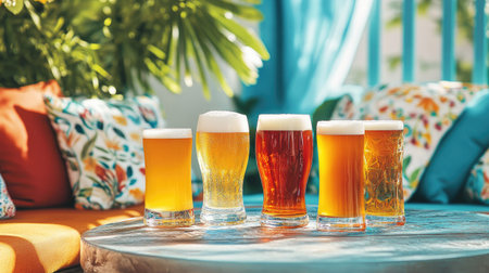 A colorful array of craft beer glasses with foam, set on a wooden table in a bright and cheerful outdoor space, perfect for summer gatherings and relaxation.の素材