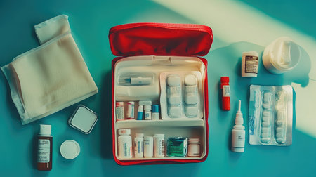 A comprehensive first aid kit displayed on a blue surface, containing various medications, bandages, and medical supplies for emergency care and healing.の素材