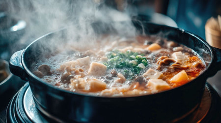 A flavorful hot pot filled with fresh ingredients steaming at a dining table. Perfect for enjoying a warm meal with family and friends, showcasing culinary traditions.の素材