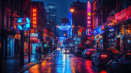 A vibrant city street illuminated by colorful neon lights on a rainy night, showcasing the dynamic atmosphere of urban nightlife and entertainment.の素材