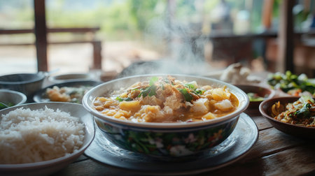 A steaming bowl of delicious Asian cuisine served with rice, surrounded by fresh ingredients and thoughtfully presented on a rustic wooden table.の素材