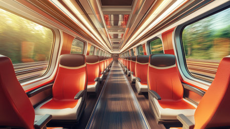 A striking view of a modern train interior showcasing red seating, large windows, and natural light, perfect for travel and commuting imagery.の素材