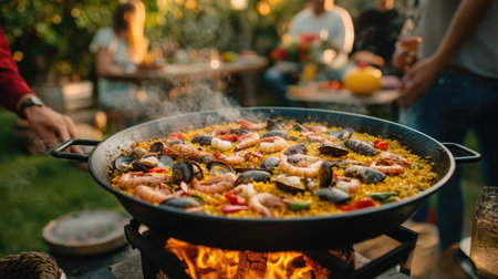 Enjoy a vibrant outdoor scene featuring a delicious seafood paella being cooked over an open flame, surrounded by friends and greenery, celebrating culinary creativity.の素材