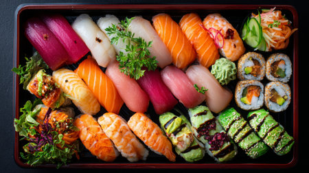 An exquisite sushi platter featuring an array of sushi rolls and sashimi, beautifully arranged with fresh ingredients, perfect for food enthusiasts and culinary presentations.の素材