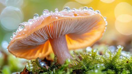 A stunning close-up of a glowing mushroom adorned with dew droplets, surrounded by lush green moss, creating a serene nature scene in the forest.の素材