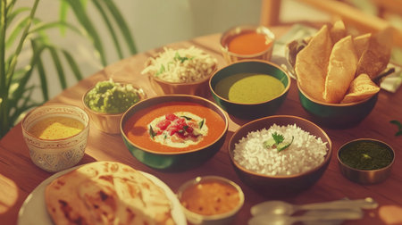 A vibrant spread of traditional Indian cuisine featuring colorful dishes, aromatic herbs, and a variety of flavors served on a wooden table. Perfect for food lovers.の素材