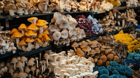 A vibrant display of fresh gourmet mushrooms showcases a variety of textures and colors, perfect for culinary enthusiasts seeking unique ingredients.の素材