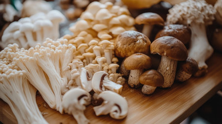 A vibrant selection of fresh edible mushrooms displayed on a wooden board, showcasing different varieties and textures. Perfect for culinary use.の素材