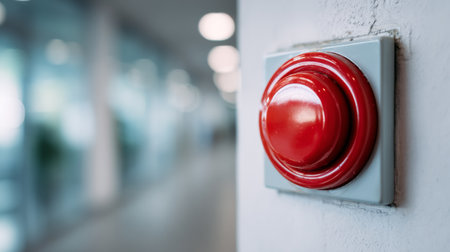 A vivid red button mounted on a wall in a contemporary office space, set against a softly blurred background, suggesting urgency and attention in design.の素材