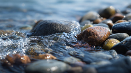 This captivating close-up image features colorful river stones partially submerged in gentle flowing water, showcasing the beauty and serenity of nature in a tranquil setting.の素材