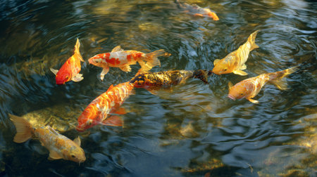 A captivating scene featuring vibrant koi fish swimming in a tranquil pond, showcasing various colors and patterns under dappled sunlight, perfect for nature enthusiasts.の素材