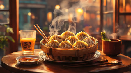 Experience the warmth of delicious dumplings served in a bamboo basket, surrounded by a cozy restaurant ambiance, perfect for a satisfying meal.の素材