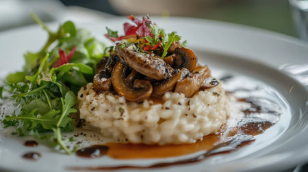 A beautifully plated gourmet mushroom risotto topped with fresh herbs and greens. Perfect for fine dining or a special occasion, this dish offers rich flavors and elegant presentation.の素材