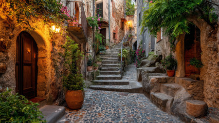 A picturesque cobblestone street in a rustic village, lit warmly at dusk. Vibrant plants adorn the surroundings, creating a serene atmosphere perfect for evening strolls.の素材