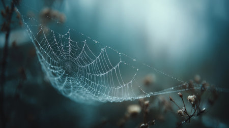 A stunning close-up of a spiderweb adorned with sparkling dew drops, set against a misty background. This serene image captures the beauty and intricacy of nature at dawn.の素材