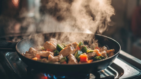 A vibrant chicken stir-fry featuring fresh vegetables steams in a pan, highlighting the art of cooking and the harmony of colorful ingredients.の素材