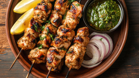 Enjoy a mouthwatering platter of grilled chicken skewers paired with fresh lemon slices and a vibrant green sauce, perfect for any occasion.の素材