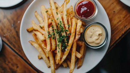 This image features a plate of golden crispy french fries garnished with herbs, served with ketchup and mayonnaise, perfect for any snack or meal.の素材