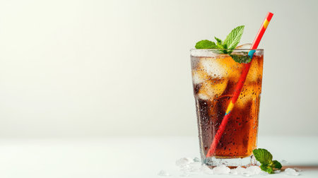 A refreshing beverage served in a glass with ice and mint, showcasing a vibrant straw. Perfect for summer gatherings or casual moments.の素材