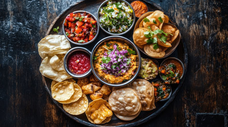 Explore a vibrant Indian cuisine platter filled with various dishes, dips, and fresh herbs, perfect for sharing or indulging in a flavorful meal.の素材