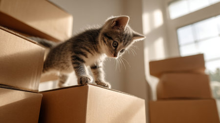 A playful kitten explores a stack of cardboard boxes in a sunlit indoor space, embodying curiosity and innocence in a cozy atmosphere perfect for feline adventures.の素材