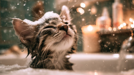 A charming kitten revels in a bubble bath, exhibiting pure bliss. Water droplets sparkle as the fur glistens in soft light, creating a serene and cozy atmosphere.の素材