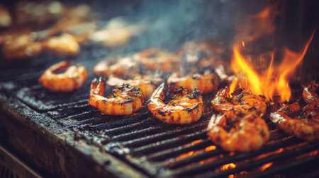Delight in the art of grilling with succulent shrimp sizzling over charred flames, creating a smoky aroma perfect for summer gatherings and delicious seafood meals.の素材
